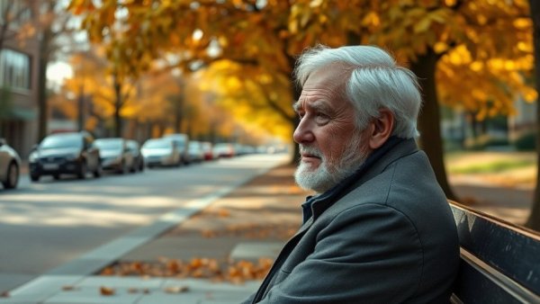 Older man experiencing male hot flashes while sitting on a bench in a park.