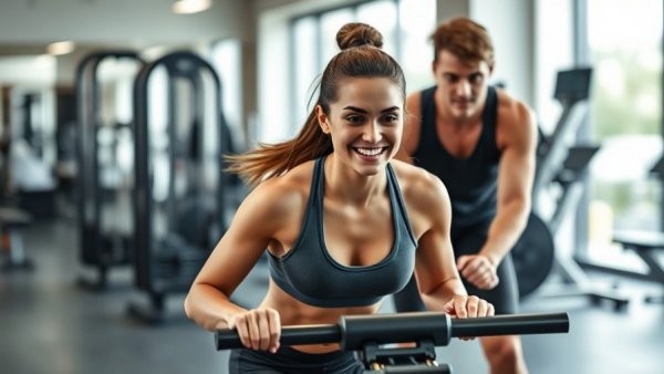 Woman balancing professional life with physical activity, sled pushing.