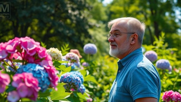 Man observing hydrangeas in a lush garden, how to grow hydrangeas guide.