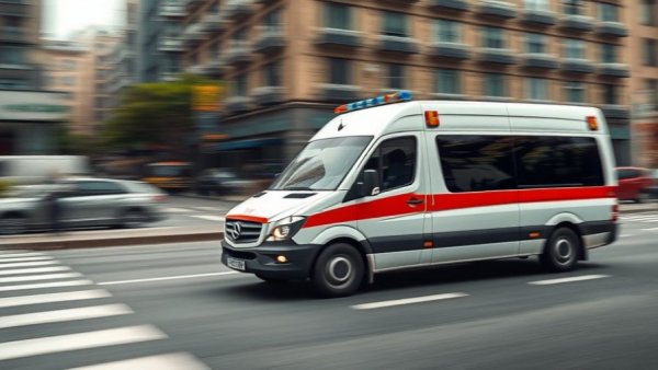 Fast-moving ambulance on urban street highlighting urgency.