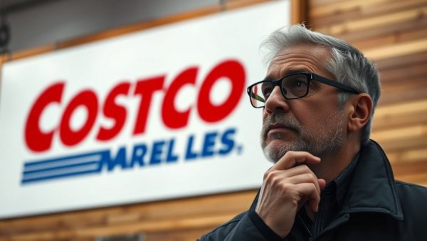 Costco logo and thoughtful individual representing Costco suing Trump tariffs.