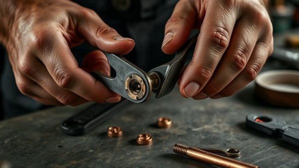 Close-up of hands crafting with copper pipe for DIY coffee maker.
