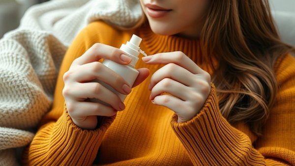 Woman using oral spray for chronic dry mouth causes.