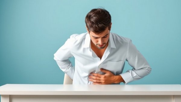 Young man holding stomach, discomfort, against blue background, chronic nausea causes.