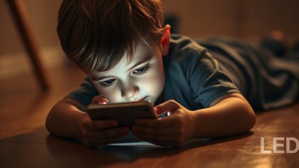 Child engrossed in smartphone, highlighting screen time mental health concerns.