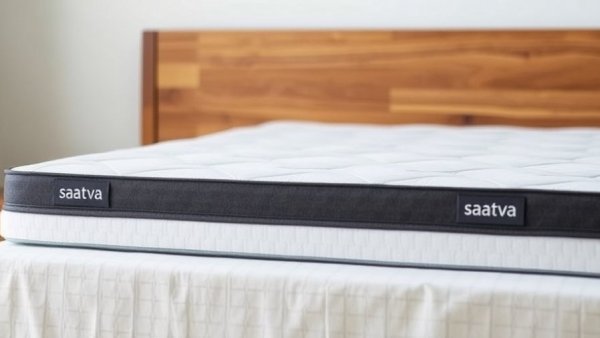 Saatva Graphite Mattress Topper on wooden bed frame.