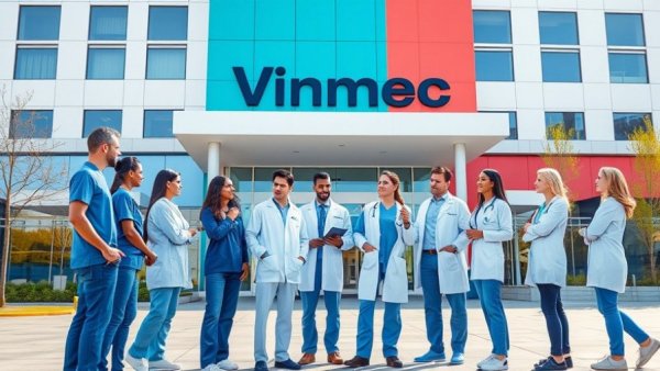 Vinmec healthcare workforce in discussion outside hospital
