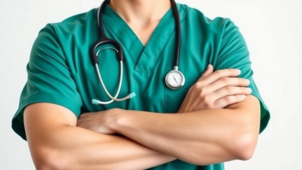 Confident healthcare professional in green scrubs with stethoscope, symbolizing executive nurse leadership.
