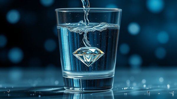 Glass with water being poured, diamond submerged, background in focus. How much water per day.