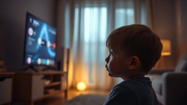 Child effects of screen time, focused on TV, dimly lit room.