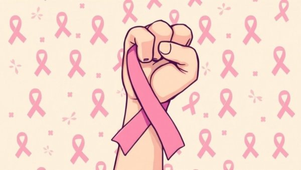 Illustration of a fist in a pink ribbon symbolizing cancer awareness.