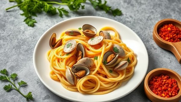 Garlicky linguine with clam sauce served in white bowls with garnishes.