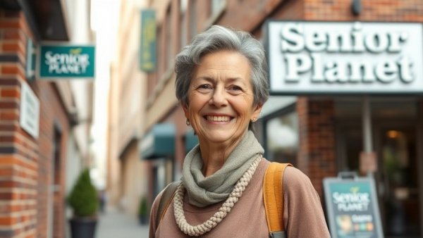 Woman standing outside Senior Planet building in senior living community.