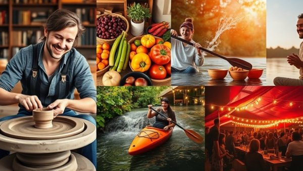 Collage of non-material gift ideas like pottery class and kayaking.