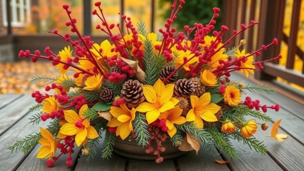 Vibrant DIY winter arrangement on rustic deck.