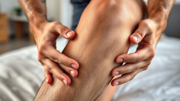 Person massaging knee for night muscle cramps relief.