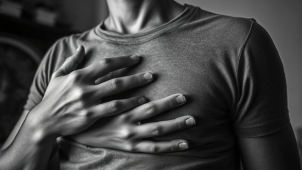 Close-up of person expressing anxiety chest pain.