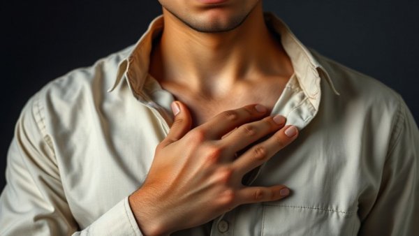 Person experiencing benign heart palpitations, close-up chest view.