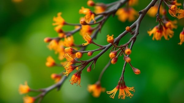 Witch hazel plant branches with orange flowers in nature.