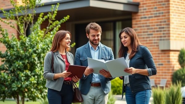 Three people discussing real estate documents outside a modern house, highlighting FHA appraisal red flags.