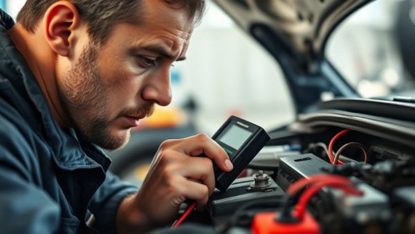 Mechanic tests car battery with voltmeter, illustrating extreme temperatures impact.