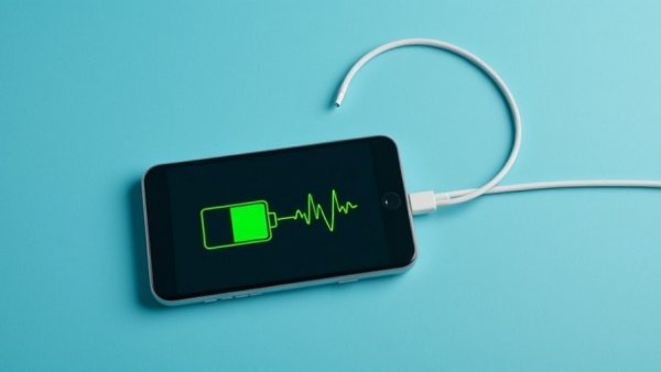 Smartphone battery health app illustration in blue heart design.