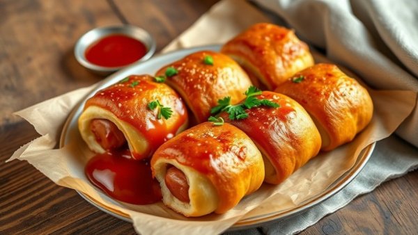 Delicious pigs in a blanket, an easy dinner idea, with ketchup.