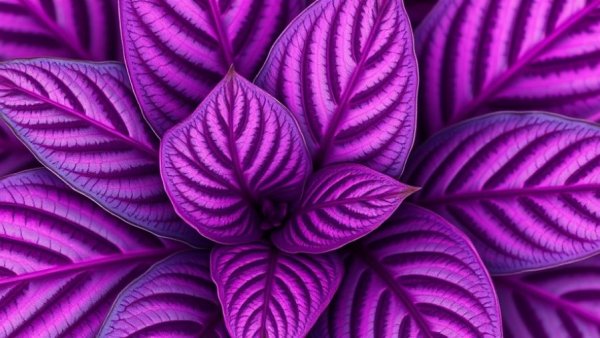 Vibrant Persian shield plant leaves with iridescent purple hues.
