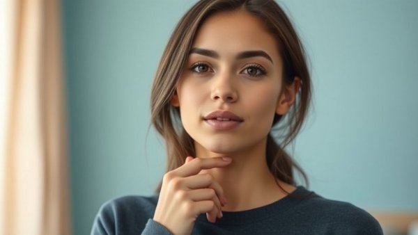 Woman holding her throat, potential hypothyroidism signs expression.