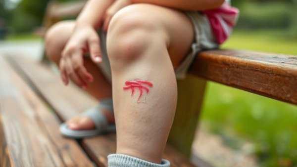 Close-up of child's grazed knee with a small wound outdoors.