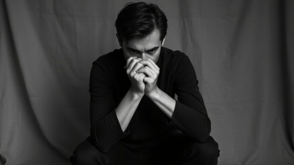 Monochrome image of a person clasping knees, emotional numbness symptoms.