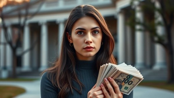 Woman holding money stacks on university campus, contemplating 529 plan overfunding.