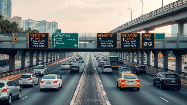 Navigating highway signs without GPS, view of busy highway and signs.