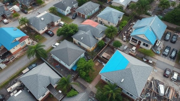 Aerial view of hurricane-damaged homes with debris scattered.