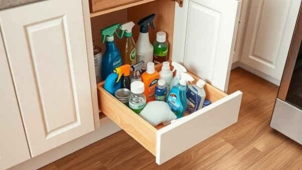 DIY home organization with pull-out drawer in cabinet.