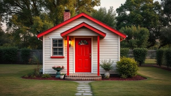 Charming small house with red door in garden, 2025 Master List of Home Goals.