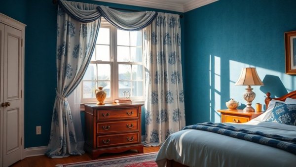 Stylish bedroom with updated curtains and wooden chest.