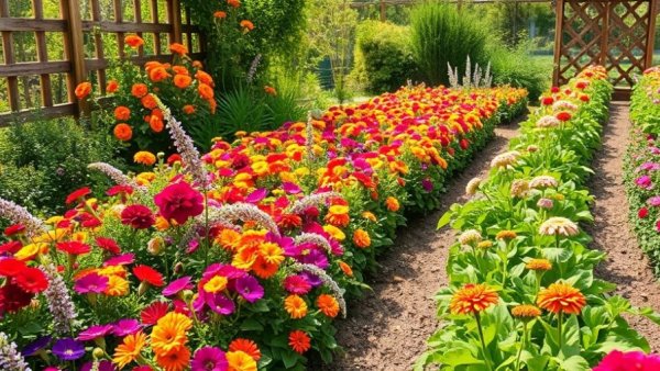 Vibrant garden with flowers and vegetables reflecting gardening myths and folklore.