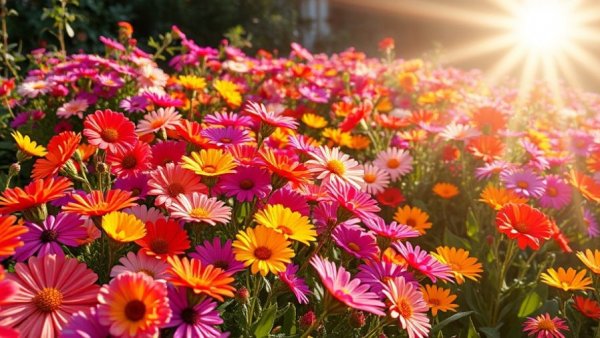 Colorful flower garden under sunlight for gardening tips for stress relief.