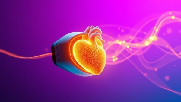 Futuristic cardiology device glowing in a colorful background.