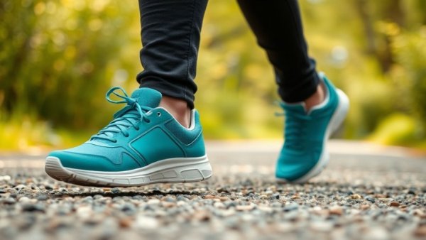 Walking for Longevity: Close-up of sneakers on a gravel path.