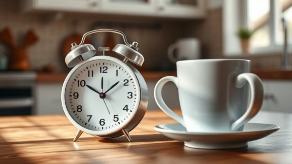 Boost energy with morning routine essentials - clock and cup.