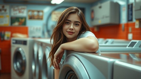 Casual scene of young woman in laundromat, relaxed atmosphere.