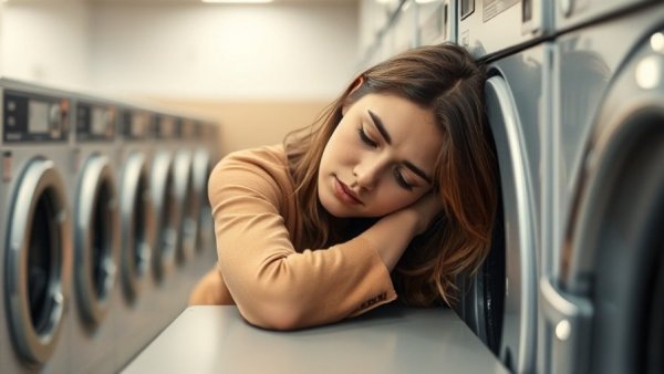 Tired woman in laundromat, Beat Fatigue Naturally theme