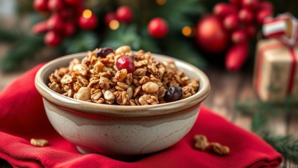 Christmas Morning Granola Gifts in a rustic bowl on a festive red cloth.