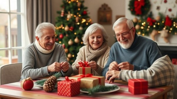 Seniors celebrating holiday season by preparing gifts.