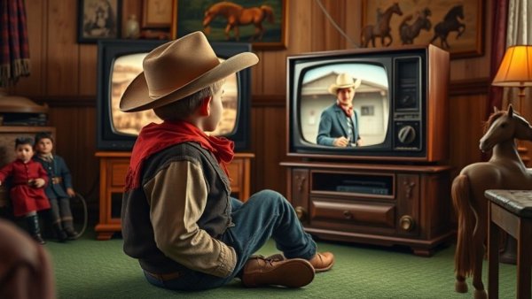 Retro scene with cowboy kid watching vintage TV, must-see TV for seniors.