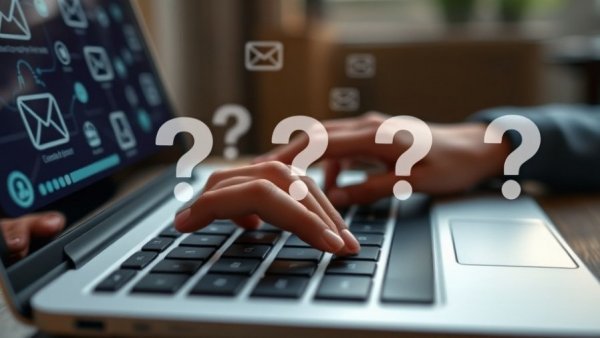 Hands typing on laptop with question marks symbolizing Google email privacy concerns.