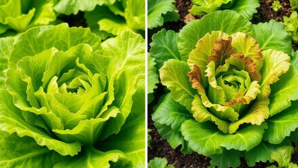 Growing lettuce comparison; healthy vs wilted plants, vibrant garden.