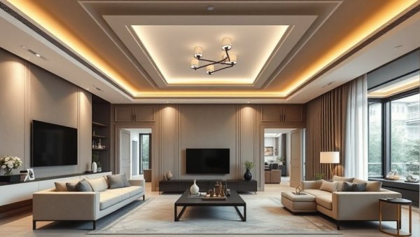 Elegant living rooms with modern false ceiling designs 2025, warm lighting.